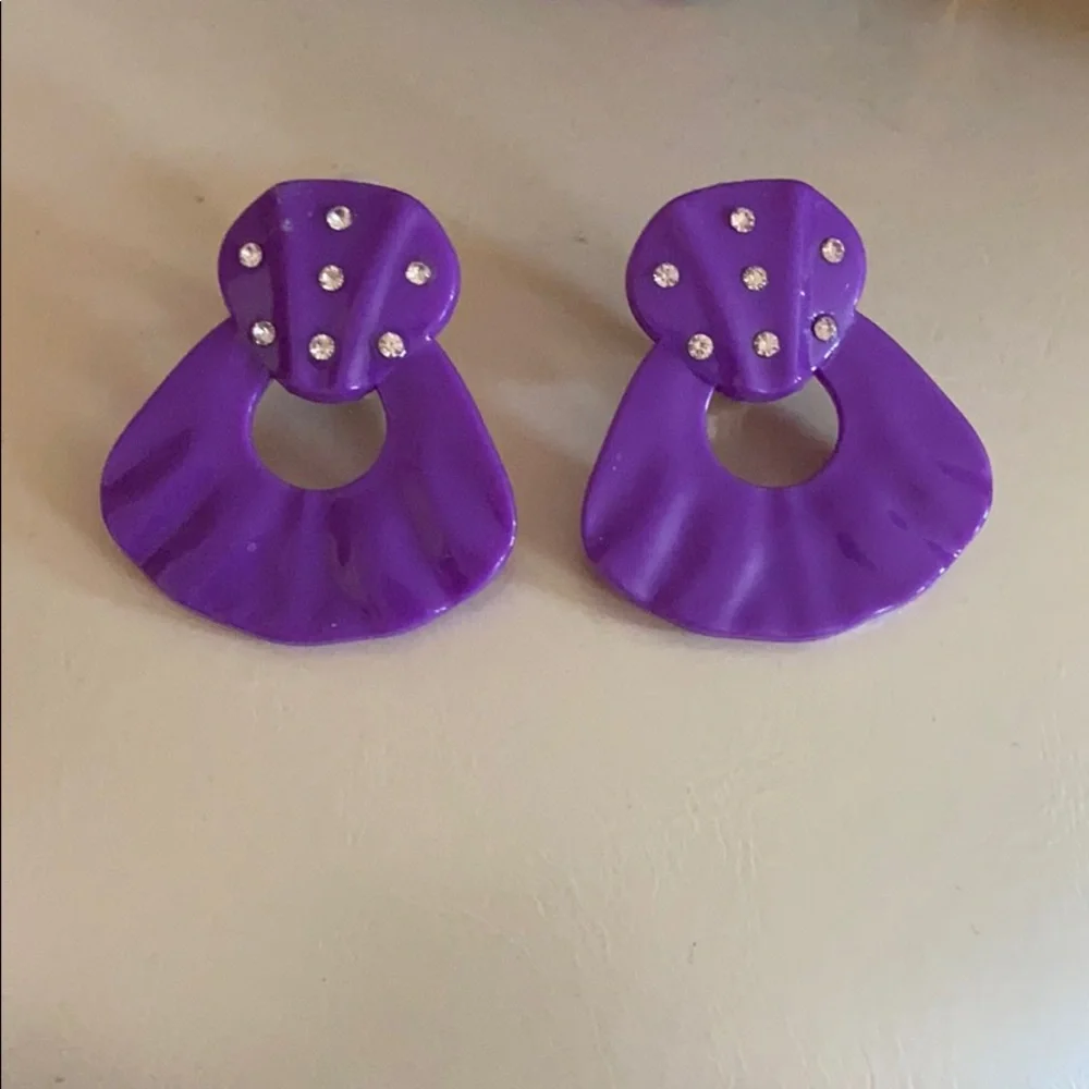 Purple Rhinestone Retro Style Clip On Earrings